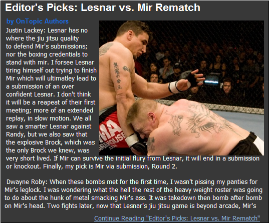 Editor's Picks: Lesnar vs. Mir 2